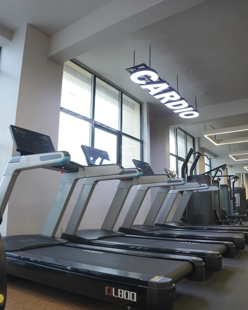 Commercial Treadmill Lineup under Illuminated Cardio Neon Sign