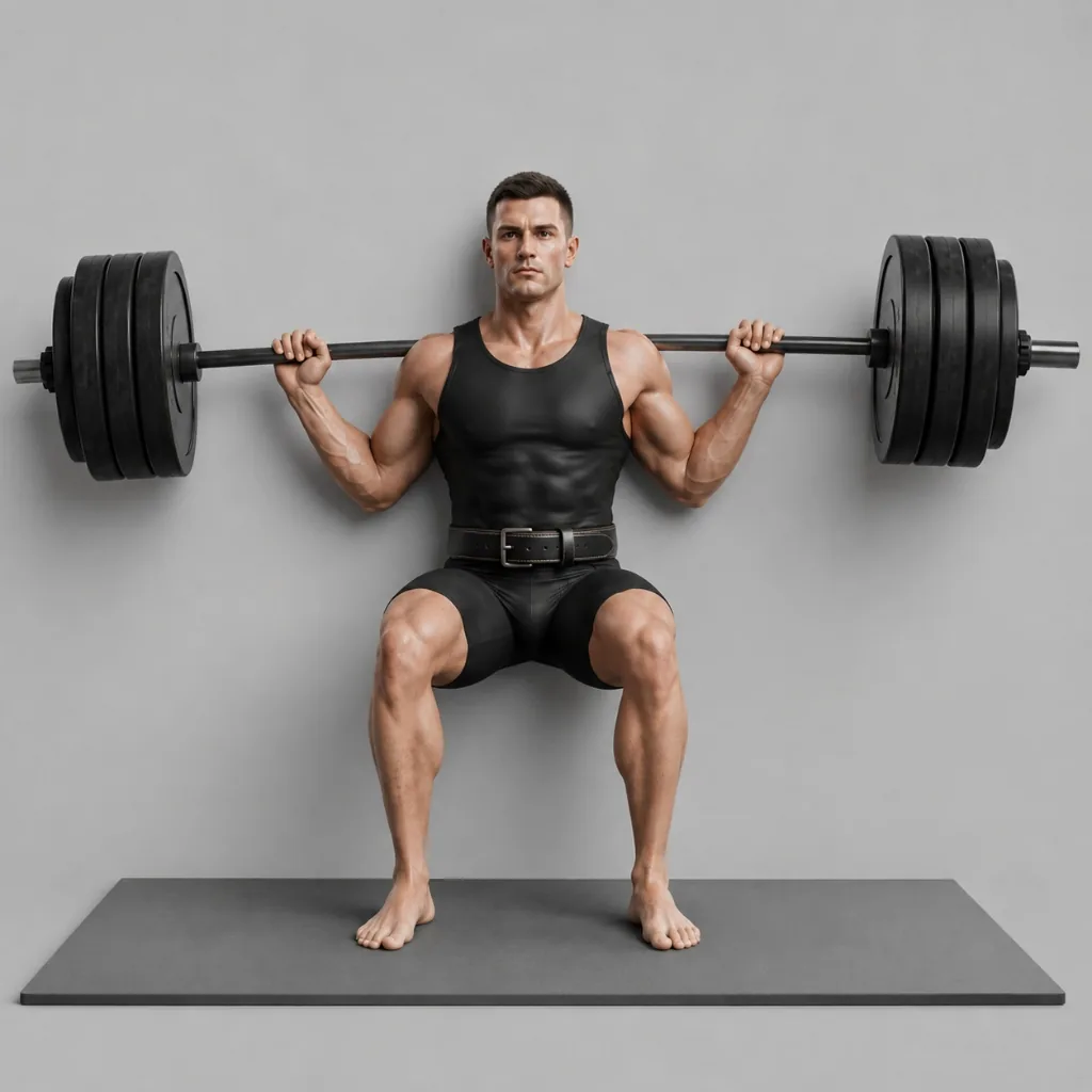 Athletic Lifter Performing Deep Squat on Flat Background