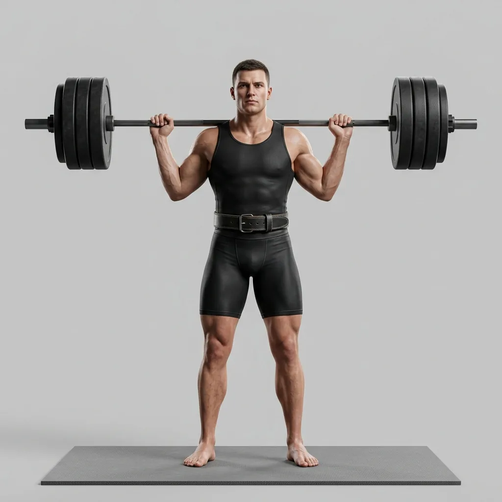 Athletic Lifter Standing at Lockout on Flat Background